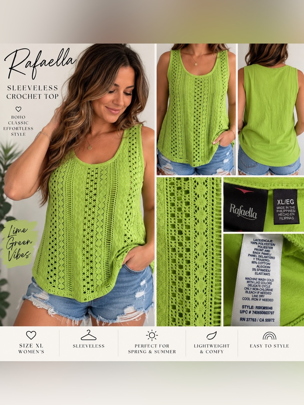 Rafaella Lime Green Sleeveless Crochet Tank